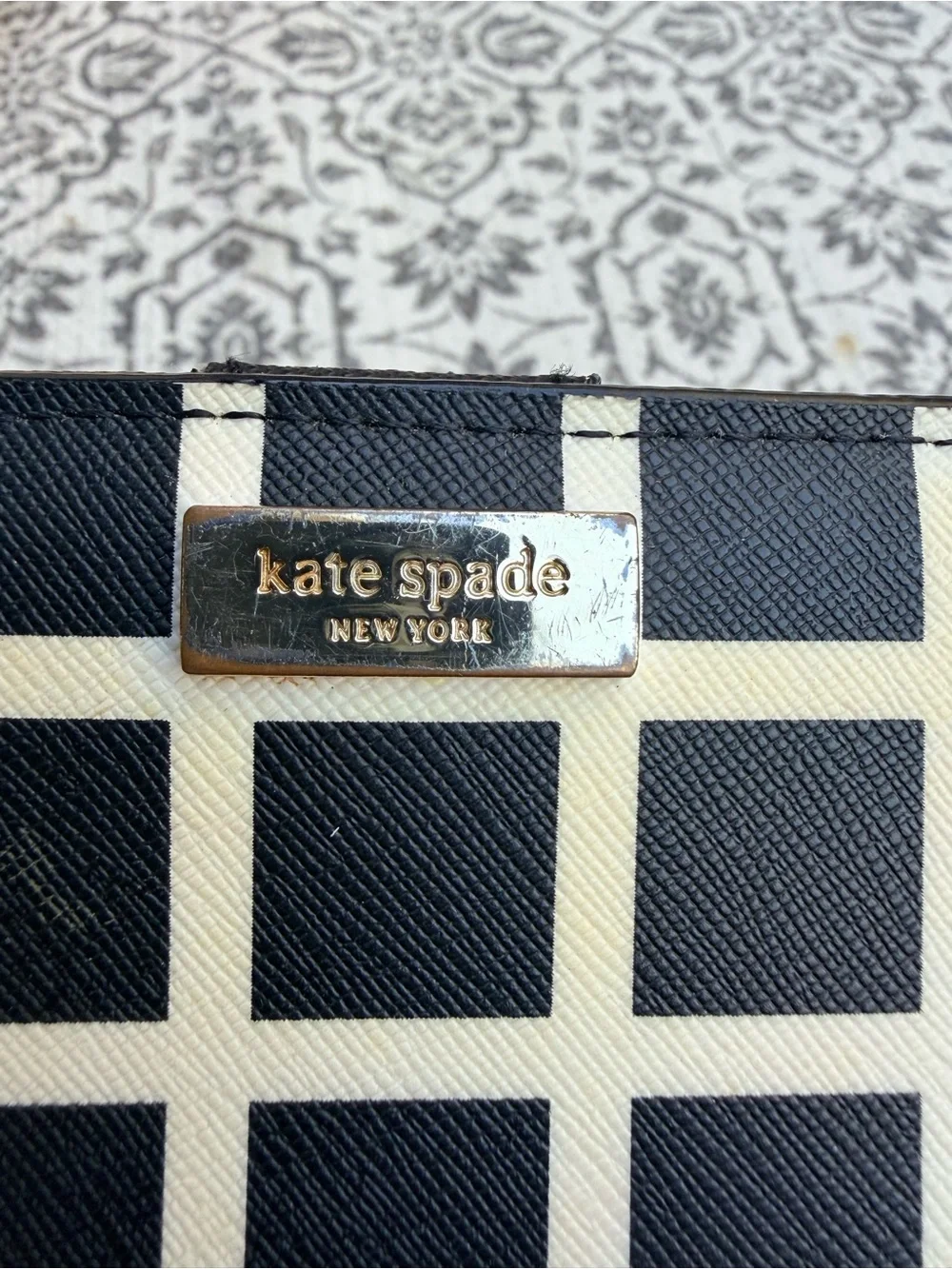 kate spade Black and Cream Checkered Leather Zip Wallet